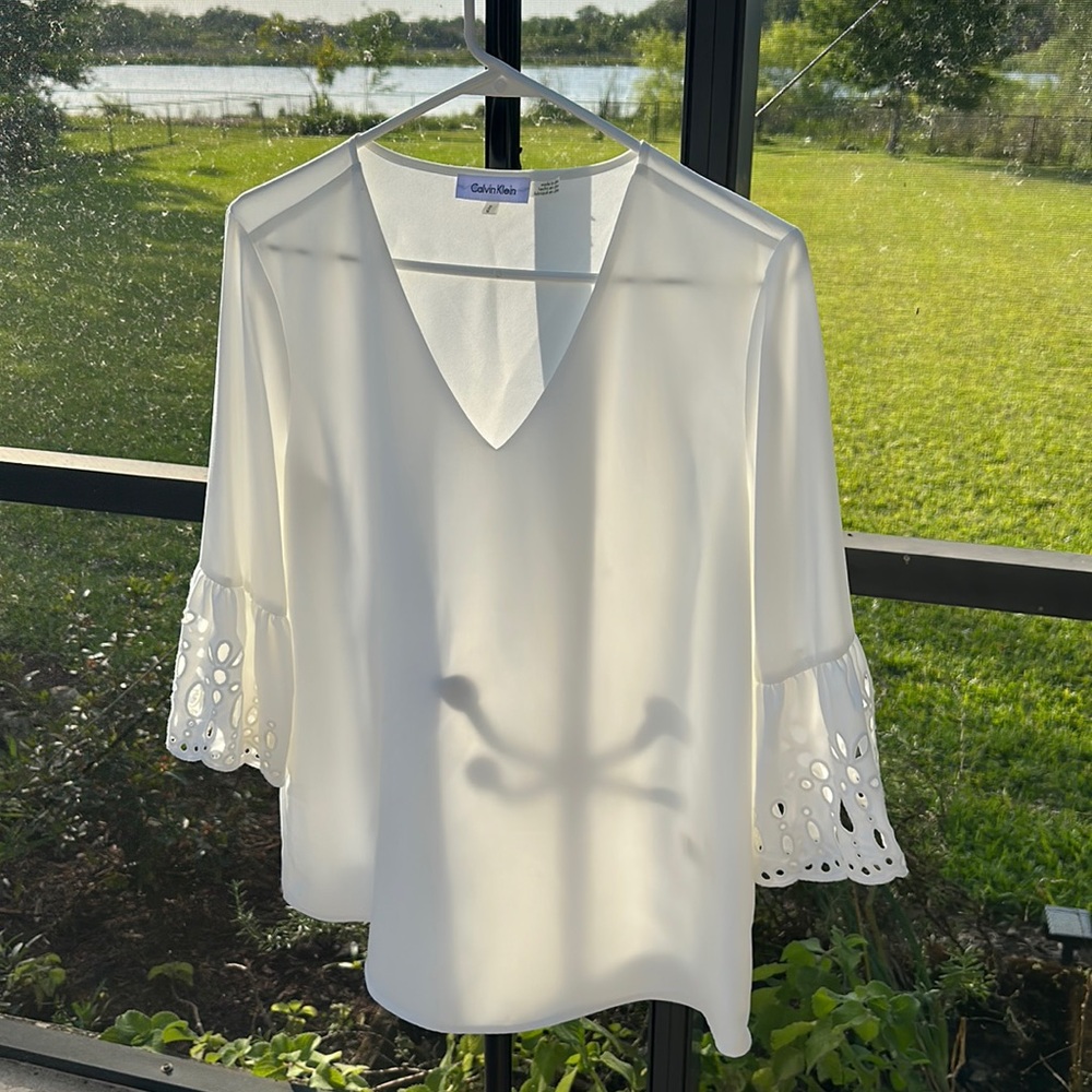 Calvin Klein off white Eyelet Bell Sleeve blouse medium